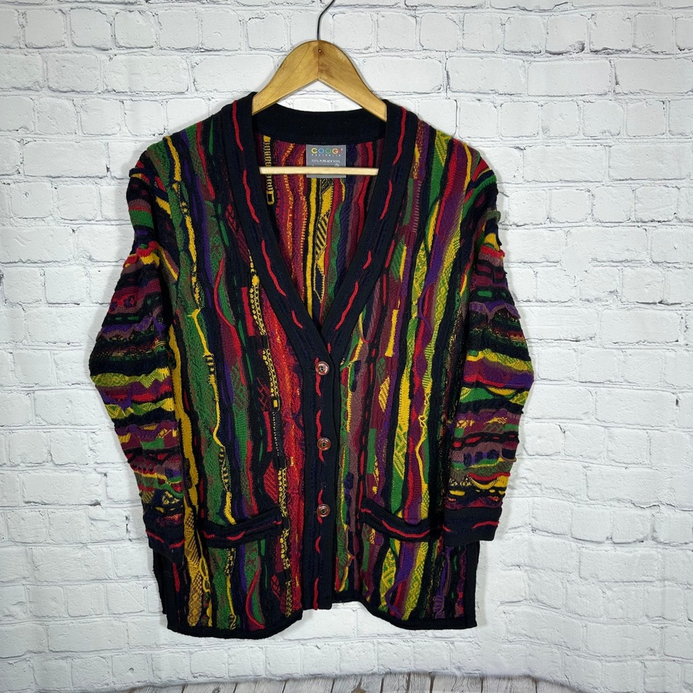 Coogi Australia Vintage 3D Knit Wool Cardigan Sweater Multi‎ Color Mens Small